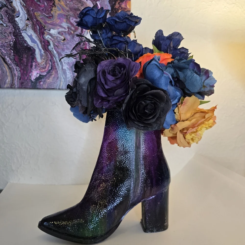 HANDCRAFTED Upcycled Leather Boot Vase Artwork HANDPAINTED Tabletop Art Decoe